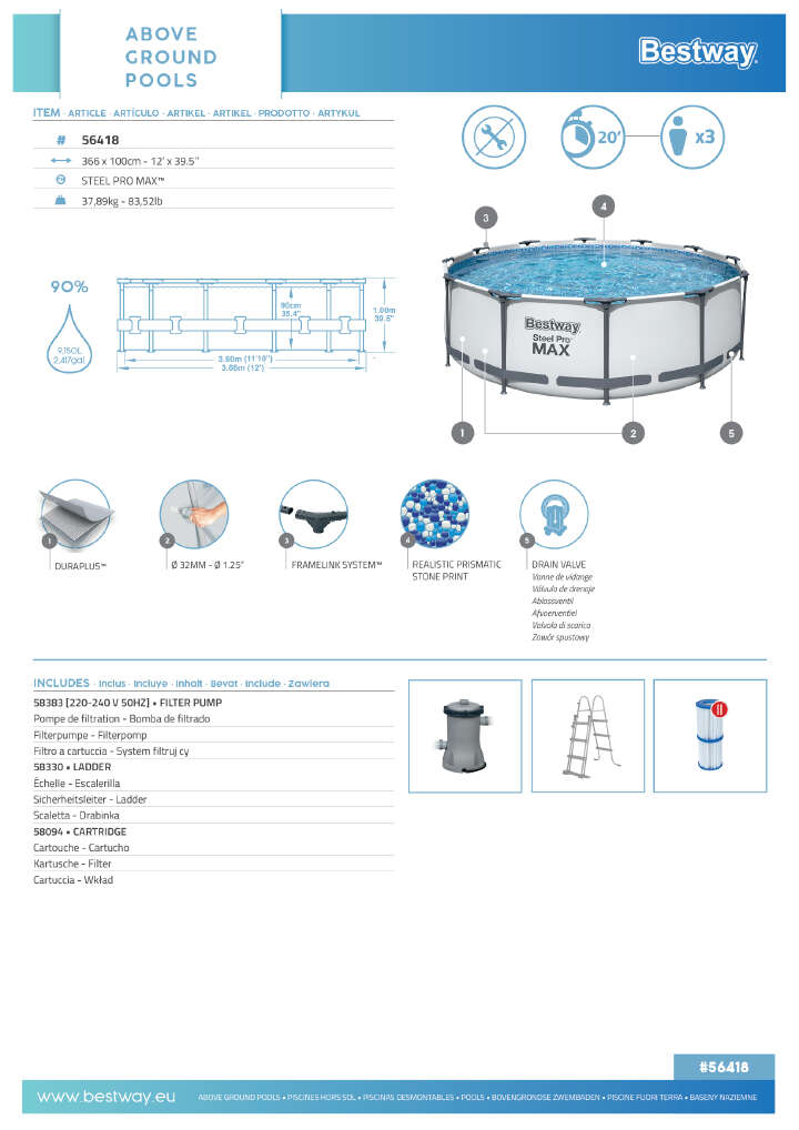 Bestway Steel Pro MAX™ Frame Pool Set mit Filterpumpe rund 366 x 100 cm
